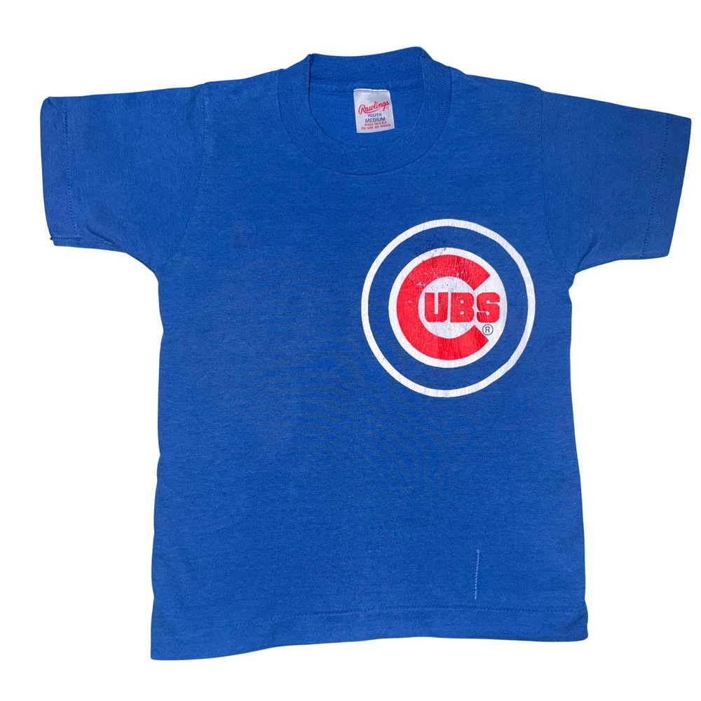 Vintage Single Stitch Rawlings T-Shirt Kids Youth Medium Blue Chicago Cubs MLB